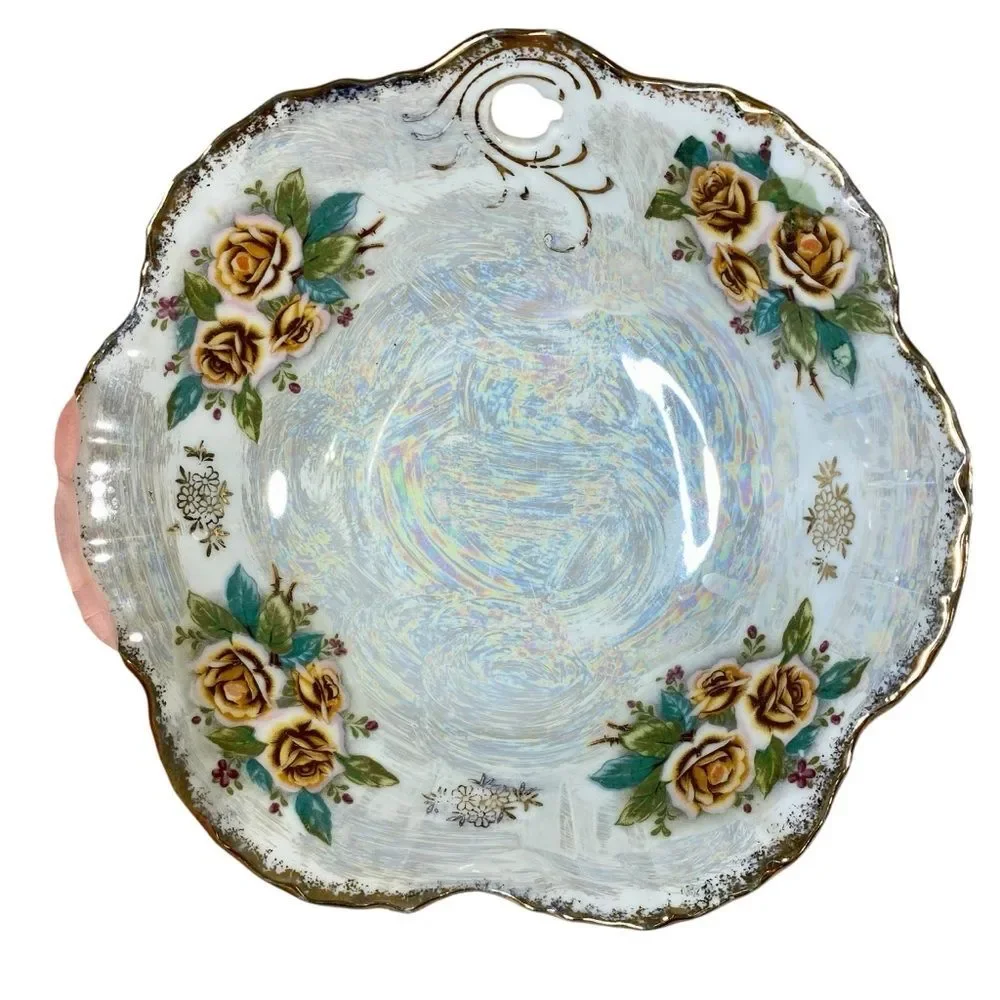 Japanese Vtg Serving Bowl Trimont Japan Lusterware Scalloped Rim Rose Pattern